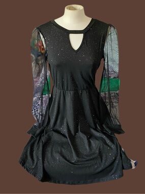 Black Glitter Keyhole Dress with Sheer  Long Sleeves